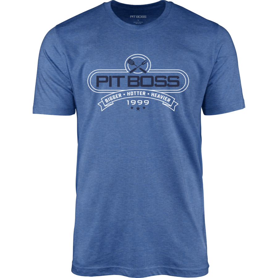 Blue Pit Boss t-shirt with "Bigger Hotter Heavier 1999" design.