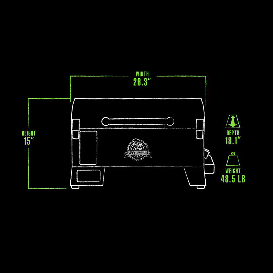 Portable grill, 26.3" wide, 15" high, 18.1" deep, weighs 48.5 lbs. ADA-optimized outline with clear measurements.