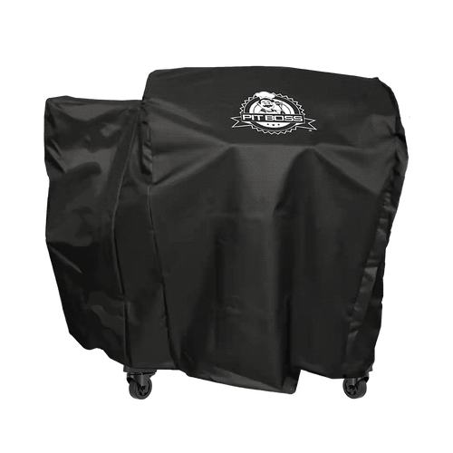 Black Pit Boss grill cover with brand logo and wheels.
