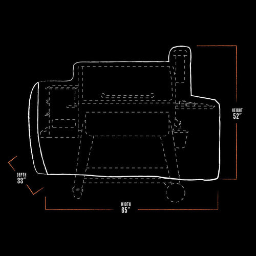 black and white dimension drawing of bbq grill cover. measures 65" x 33" x 52"