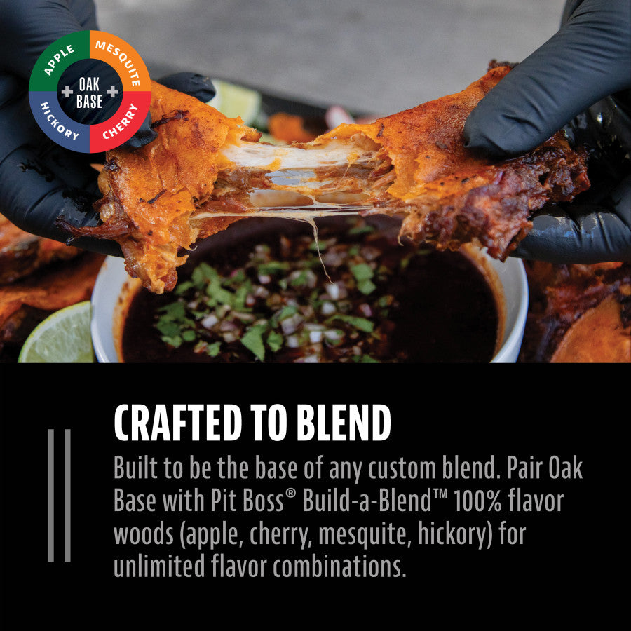 Gloved hands pull cheesy, saucy meat above a bowl; text promotes Pit Boss® Oak Base wood blends for grilling flavor variety.