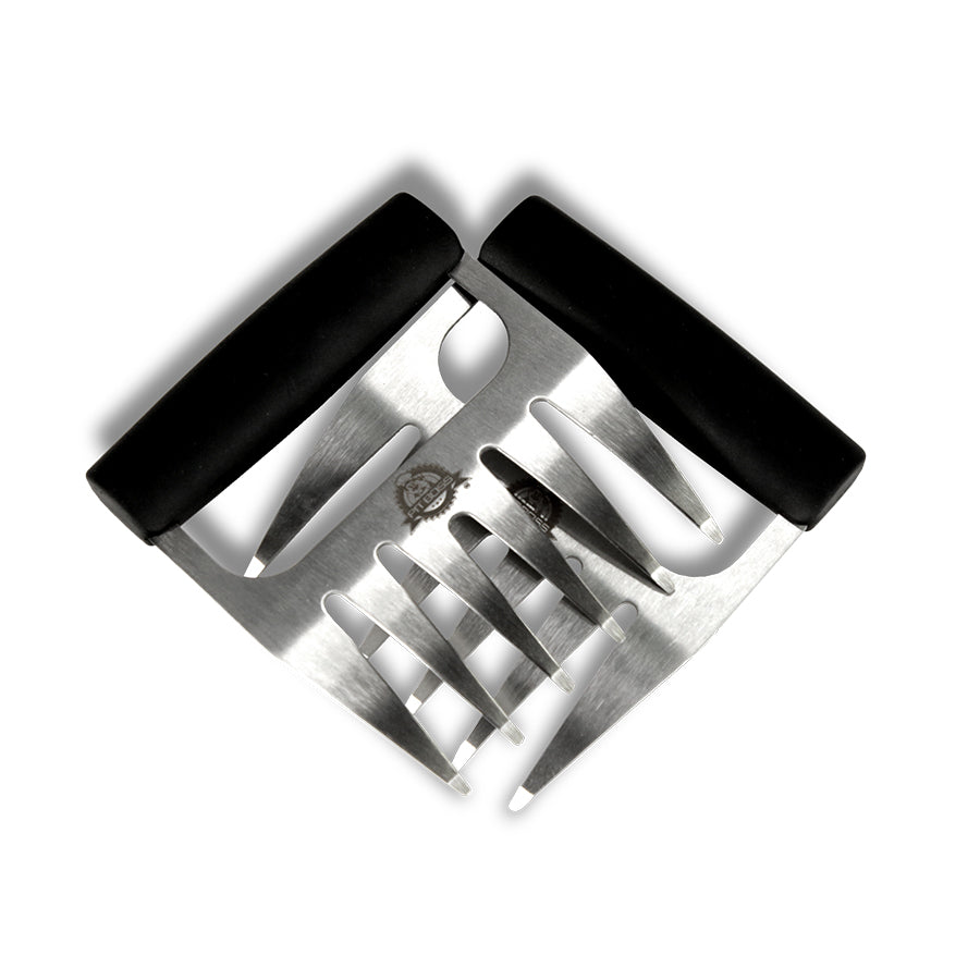 Black-handled stainless steel meat claws with sharp tines.