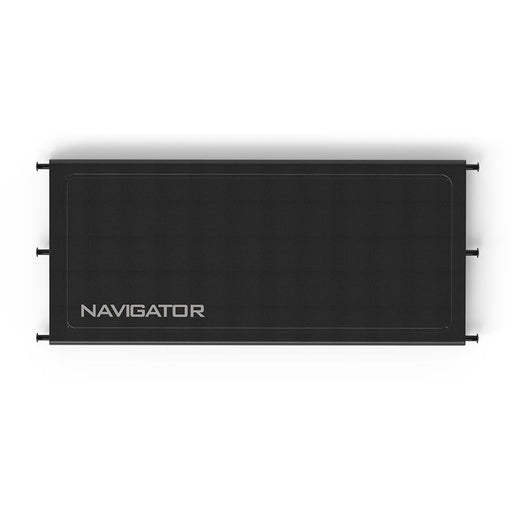 Black Navigator portable solar panel with mounting brackets.