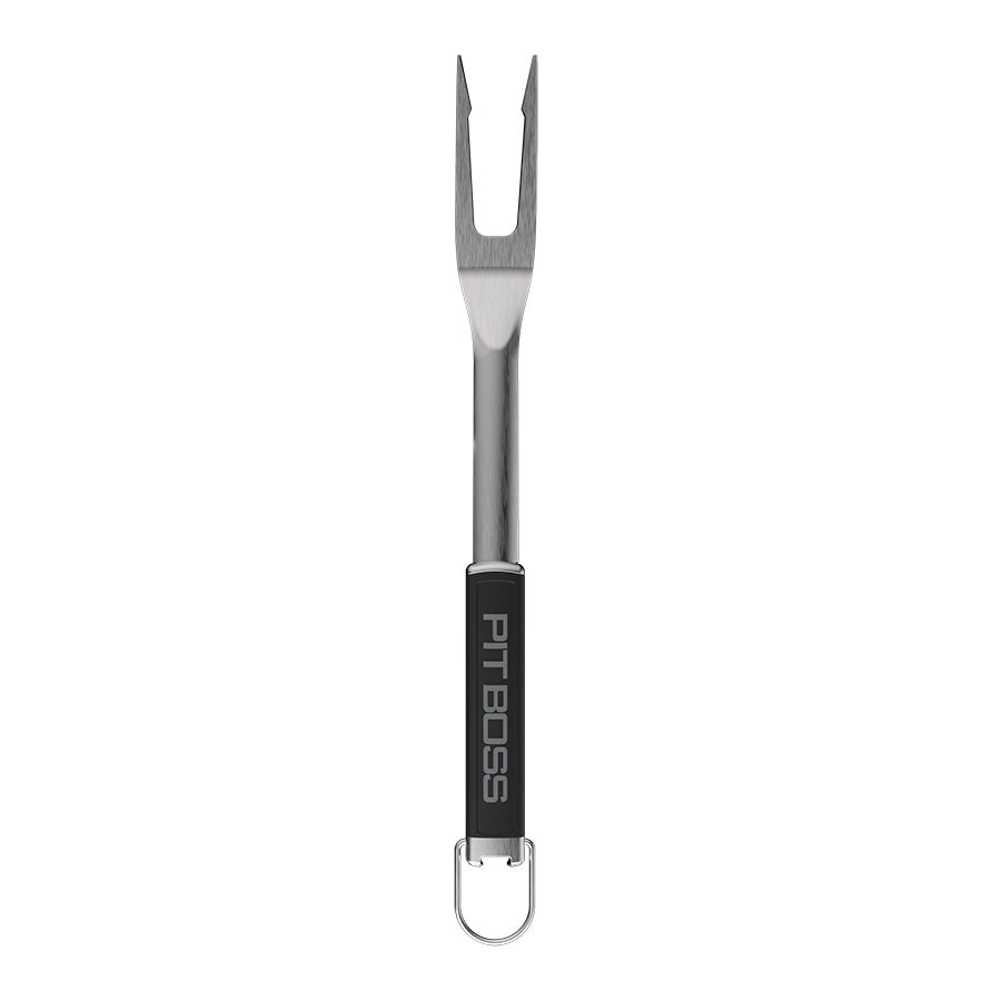 Silver Pit Boss BBQ fork with black handle and hook.