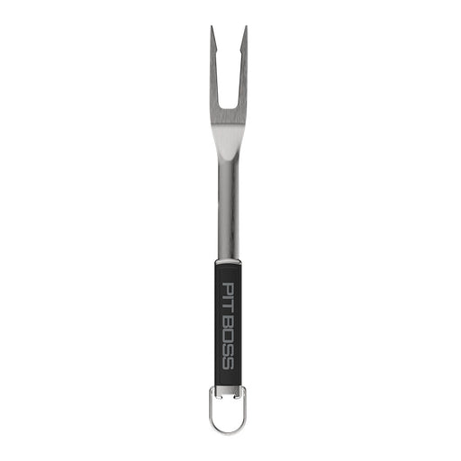 Silver Pit Boss BBQ fork with black handle and hook.