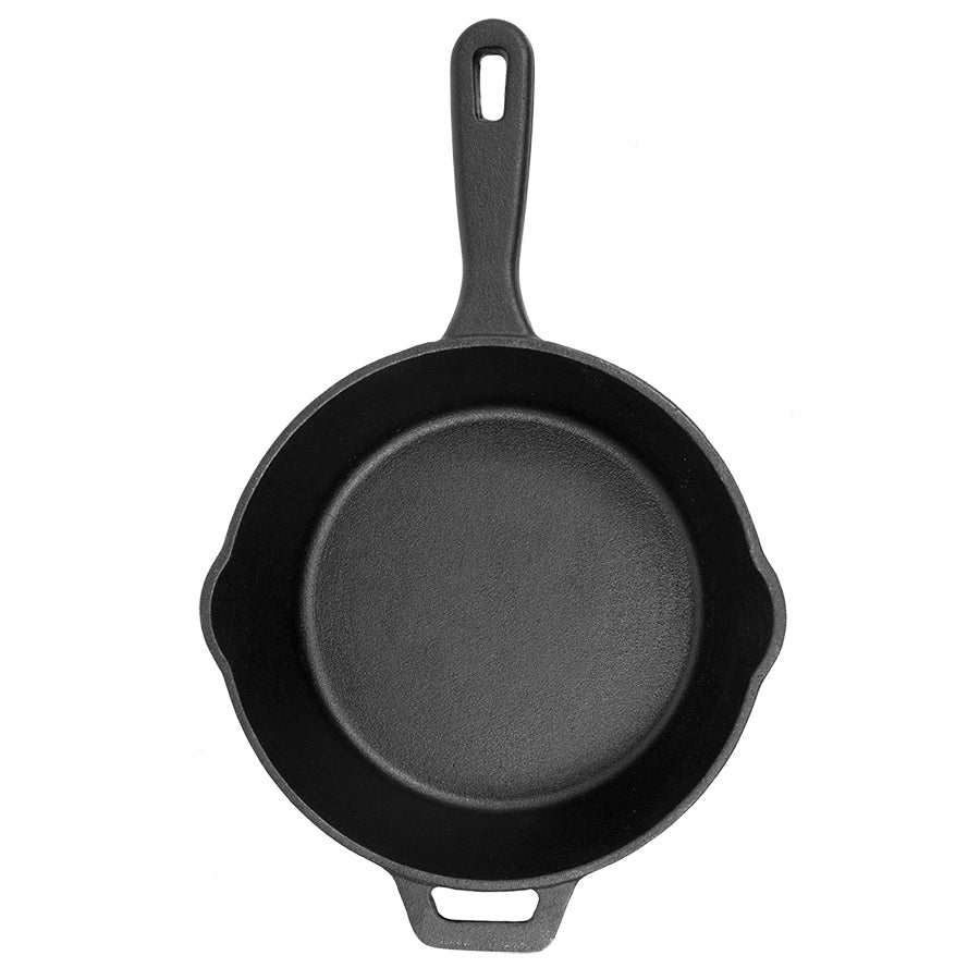 Black cast iron skillet with two handles.