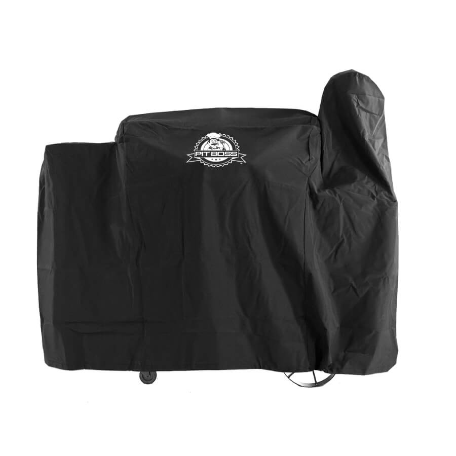Black Pit Boss grill cover with logo, on wheels.