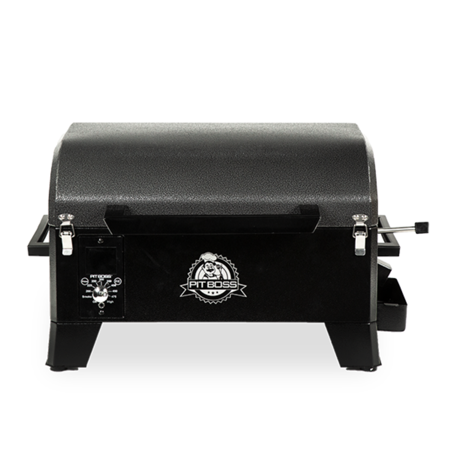 Black Pit Boss portable charcoal grill with control panel and side shelves.