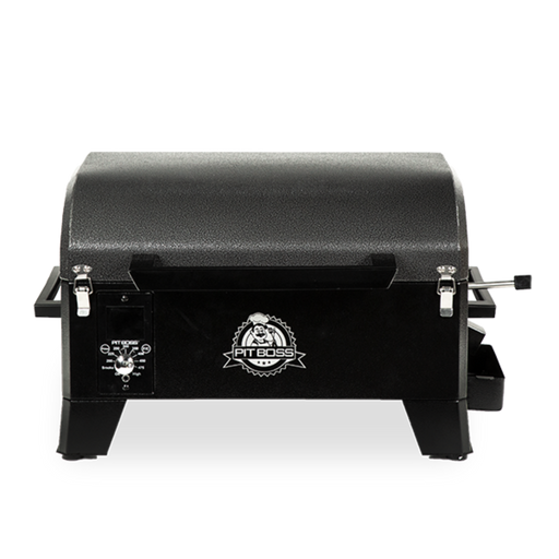 Black Pit Boss portable charcoal grill with control panel and side shelves.