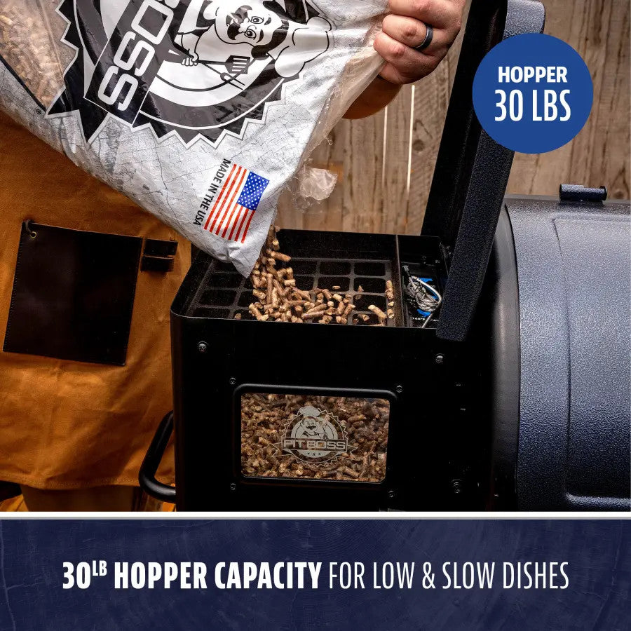 Black FitBoss pellet smoker with 30LB hopper capacity for low & slow dishes.