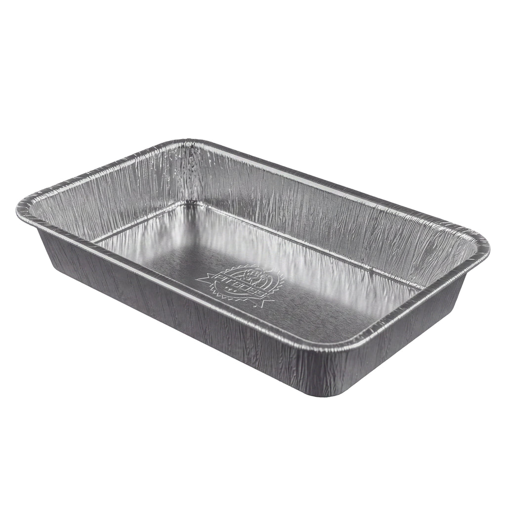 Rectangular disposable aluminum foil pan, silver, with crimped edges and embossed bottom. Ideal for baking or food storage.