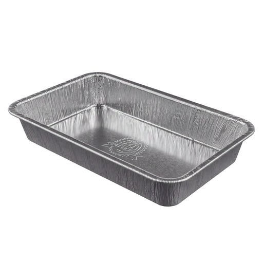 Rectangular disposable aluminum foil pan, silver, with crimped edges and embossed bottom. Ideal for baking or food storage.