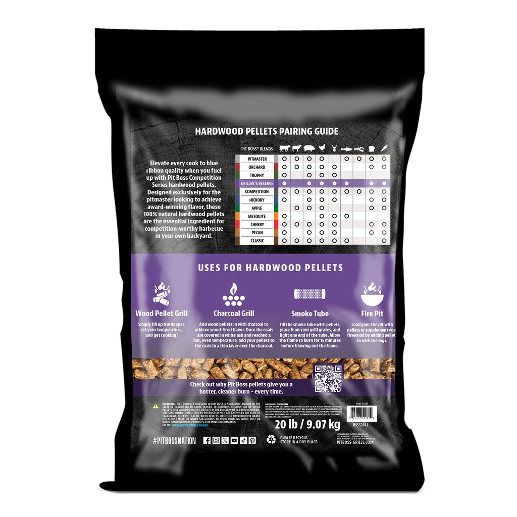 Black bag of Pit Boss Competition Series hardwood pellets, featuring a pairing guide and uses for various grilling methods.