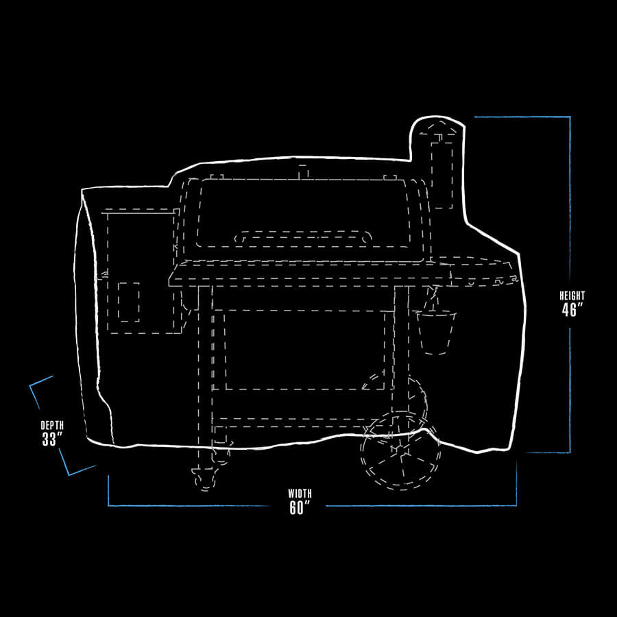 Black portable grill with dimensions: 60" width, 33" depth, 46" height.