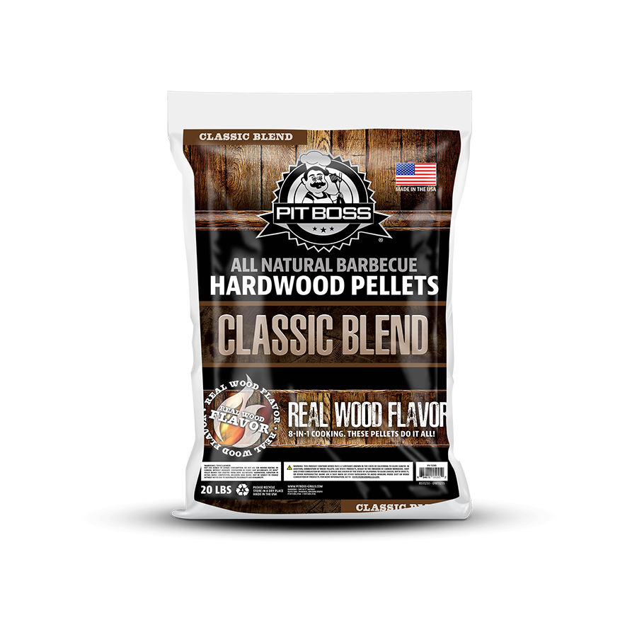 Pit Boss 20 lb Classic Blend Hardwood Pellets. Brown bag with white lettering. Large Pit Boss logo. Made in the US.