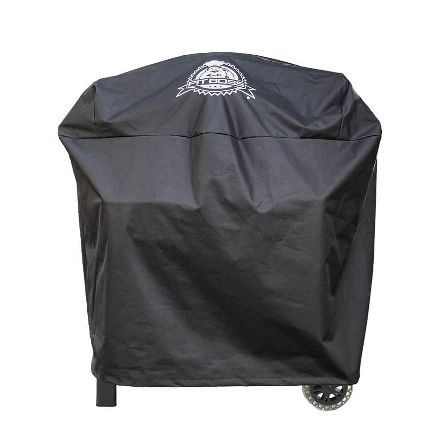 Black FitBoss grill cover with logo and wheels.