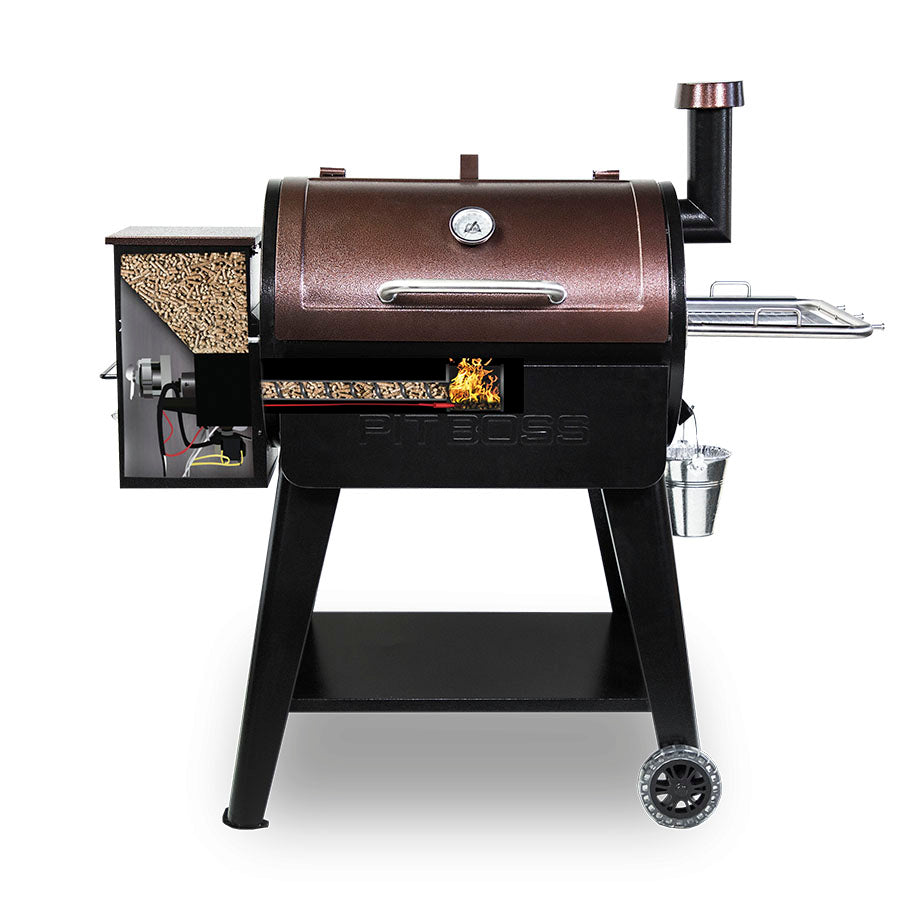 Brown Pit Boss pellet grill with black legs and wheels, side hopper, and chimney.