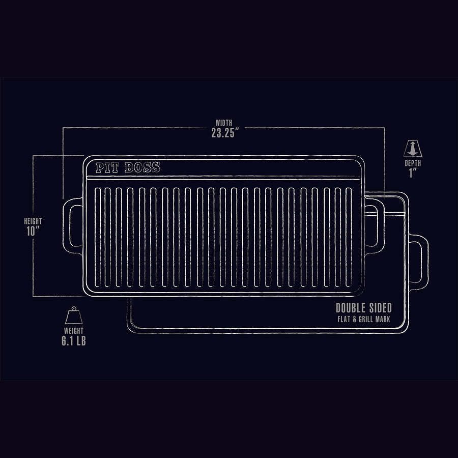 Black Pit Boss double-sided flat and grill mark cooking surface, 23.25" wide, 10" high, 1" deep, 6.1 lb.