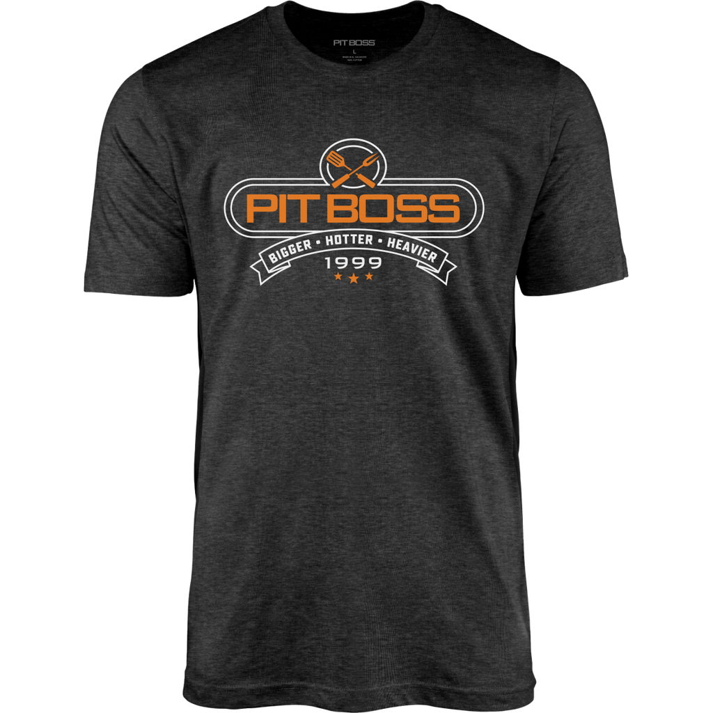 Dark gray Pit Boss t-shirt with "Bigger · Hotter · Heavier 1999" design.