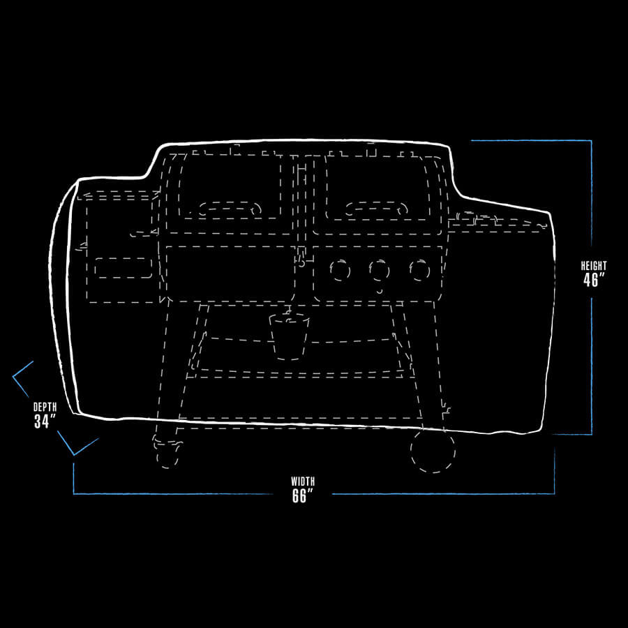 "White outline of a vehicle with dimensions: width 66", depth 34", height 46"."