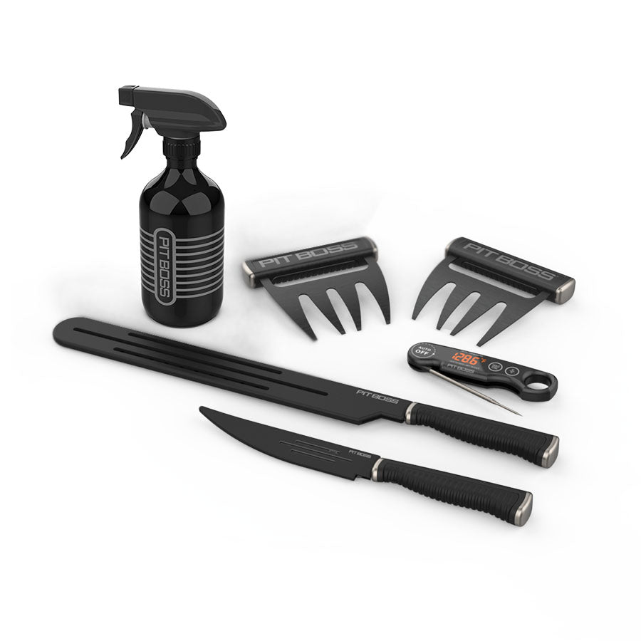 Black Pit Boss BBQ tool set including spray bottle, meat claws, thermometer, and knives.