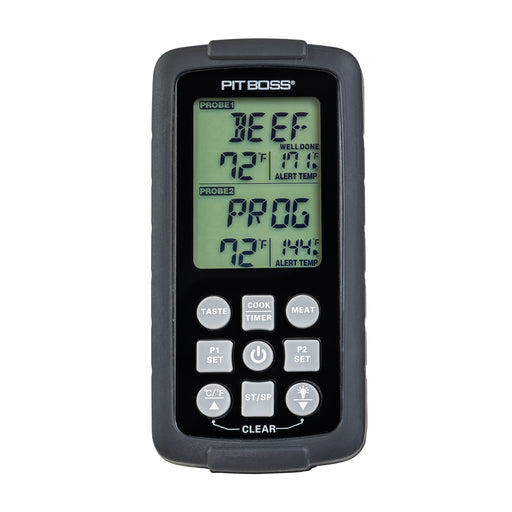 Digital meat thermometer with dual probe display, labeled buttons, and large backlit screen for easy temperature reading.