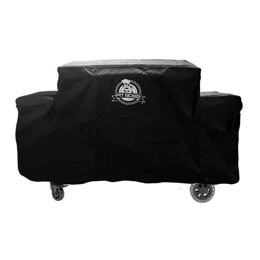 Black Pit Boss grill cover with wheels and brand logo.