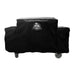 Black Pit Boss grill cover with wheels and brand logo.