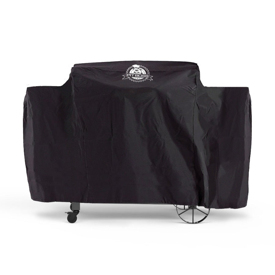 Black Pit Boss grill cover with wheels and brand logo.