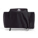 Black Pit Boss grill cover with wheels and brand logo.