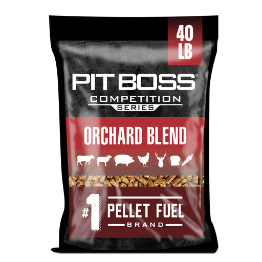 Pit Boss Competition Series Orchard Blend wood pellets, 40 lb bag, for grilling and smoking various meats.