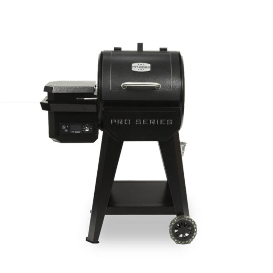 Black Pit Boss Pro Series pellet grill with digital control panel and wheels.