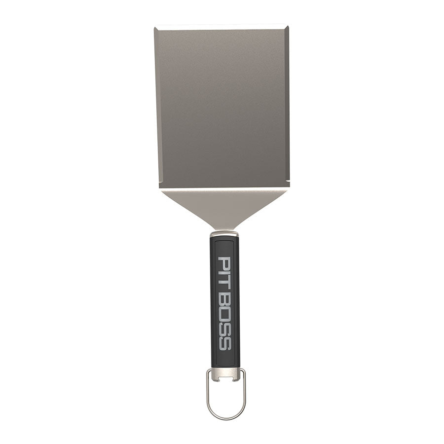 Gray Pit Boss spatula with black handle and metal hook.