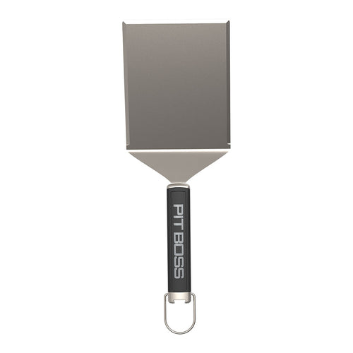 Gray Pit Boss spatula with black handle and metal hook.