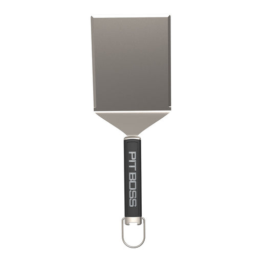 Gray Pit Boss spatula with black handle and metal hook.