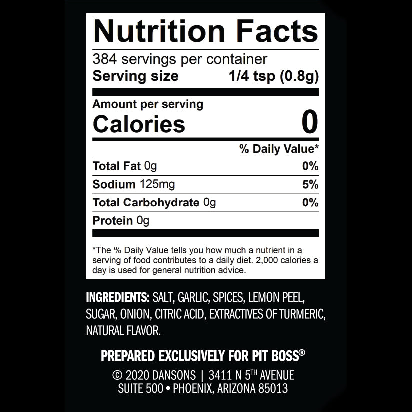 Nutrition Facts label for Pit Boss seasoning, 1/4 tsp serving size, 0 calories, 125mg sodium, ingredients include salt.