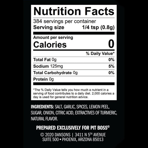 Nutrition Facts label for Pit Boss seasoning, 1/4 tsp serving size, 0 calories, 125mg sodium, ingredients include salt.