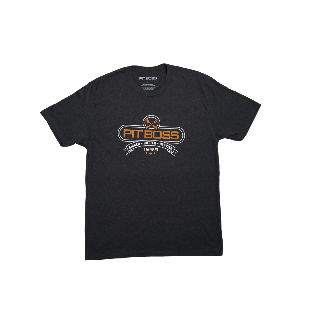 Black Pit Boss t-shirt with "Bigger Hotter Heavier 1999" design.