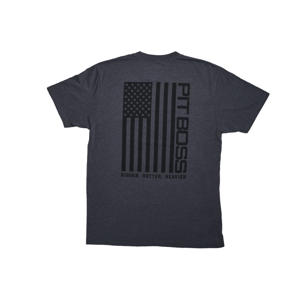 Dark gray t-shirt with "PIT BOSS" and American flag design, "BIGGER. HOTTER. HEAVIER." text.