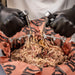 Black gloves using metal shredding tools to pull apart shredded meat in a branded orange bag.
