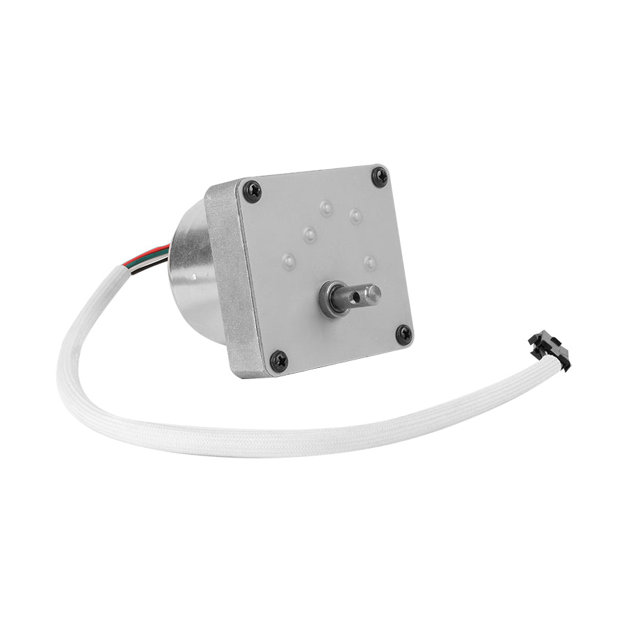 Silver stepper motor with integrated cable and connector.