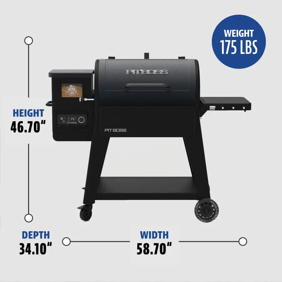 Black Pit Boss pellet grill, 46.70" height, 58.70" width, 34.10" depth, 175 lbs weight.