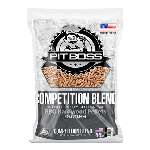 White bag of Pit Boss Competition Blend BBQ Hardwood Pellets, 40 lb / 18.14 kg.