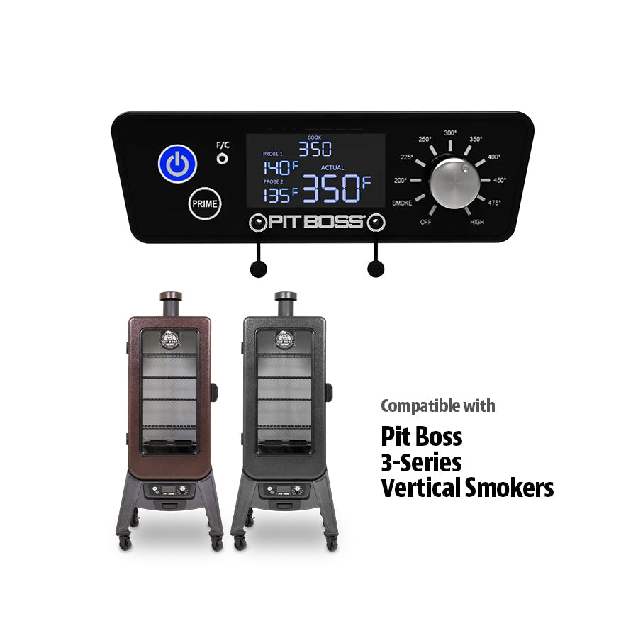 Pit Boss 3-Series Vertical Smokers with digital control panel and temperature settings.