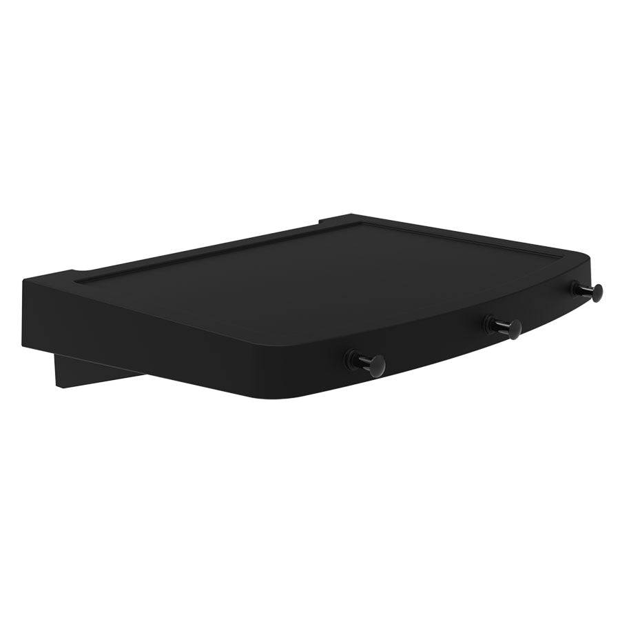 Black wall-mounted shelf with three hooks.