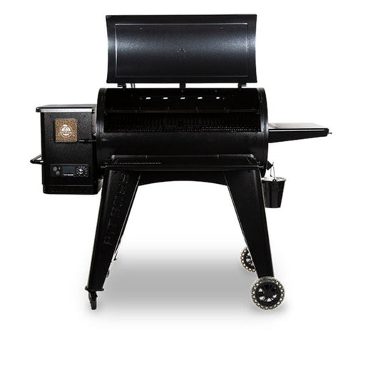 Black pellet grill with control panel and wheels.