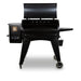Black pellet grill with control panel and wheels.