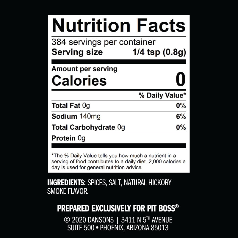 Nutrition Facts label for spices, salt, and natural hickory smoke flavor.