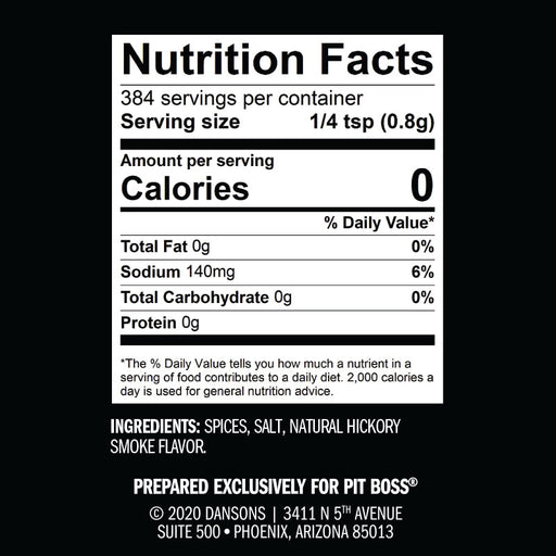 Nutrition Facts label for spices, salt, and natural hickory smoke flavor.