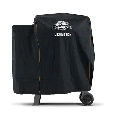 Black Pit Boss Lexington grill cover on wheeled cart.